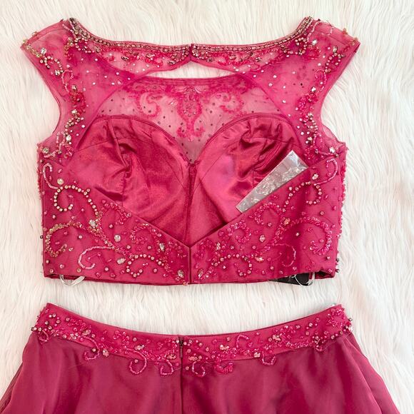 Hannah S 27093 Beaded Two Piece Prom Dress Sparkle Homecoming Skirt Set, Pink - Picture 9 of 11